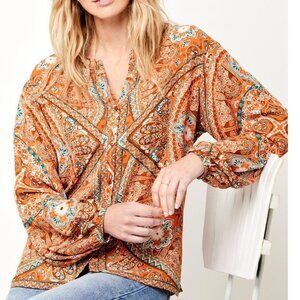 Rose+Olive Button Front Blouse Womens Medium Orange Boho Floral Long Sleeves